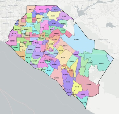 Orange County CA ZIP code boundaries map