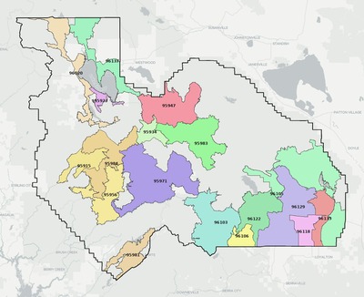 Plumas County CA ZIP code boundaries map