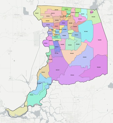 Sacramento County CA ZIP code boundaries map