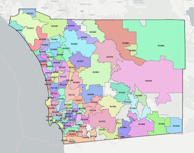 San Diego County CA ZIP code map preview