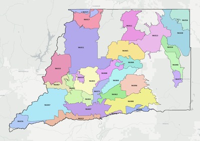 Shasta County CA ZIP code boundaries map