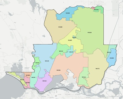 Solano County CA ZIP code boundaries map