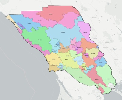 Sonoma County CA ZIP code boundaries map
