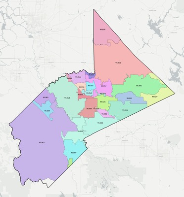 Stanislaus County CA ZIP code boundaries map