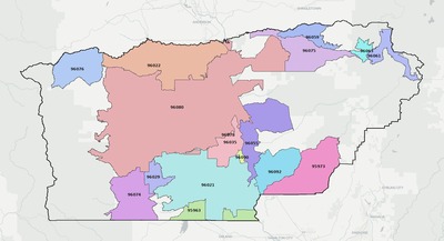 Tehama County CA ZIP code boundaries map