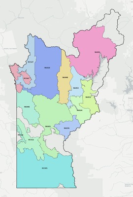 Trinity County CA ZIP code boundaries map