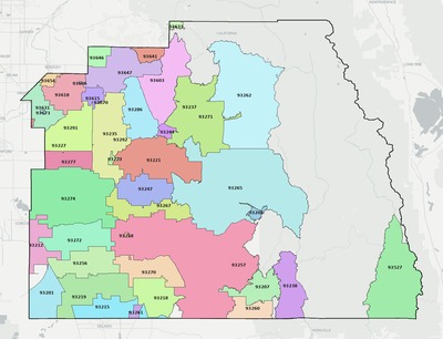 Tulare County CA ZIP code boundaries map