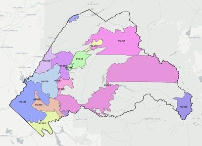 Tuolumne County CA ZIP code boundaries map