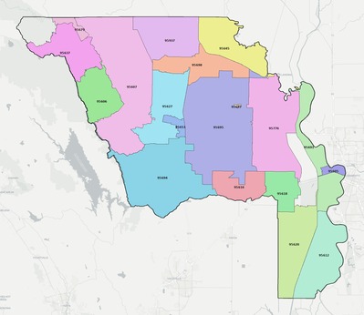 Yolo County CA ZIP code boundaries map