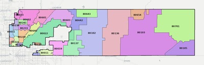 Adams County CO ZIP code boundaries map