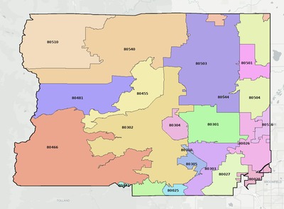 Boulder County CO ZIP code boundaries map