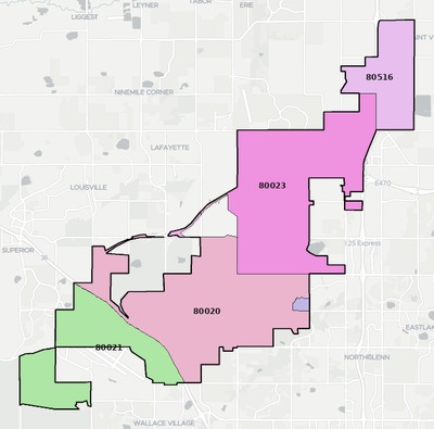 Broomfield County CO ZIP code boundaries map