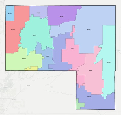 Elbert County CO ZIP code boundaries map