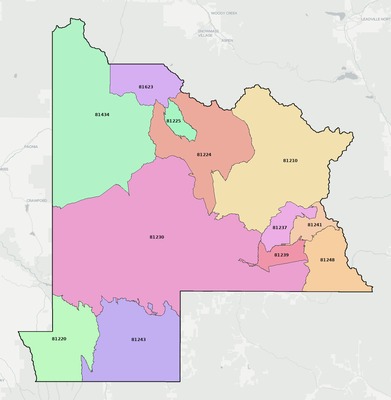 Gunnison County CO ZIP code boundaries map