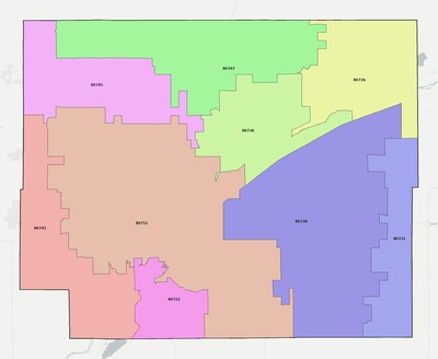 Logan County CO ZIP code boundaries map