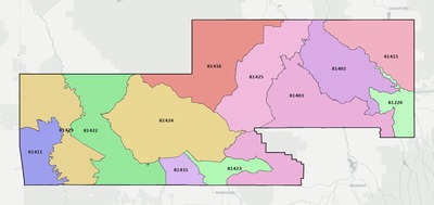 Montrose County CO ZIP code boundaries map