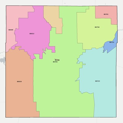 Morgan County CO ZIP code boundaries map
