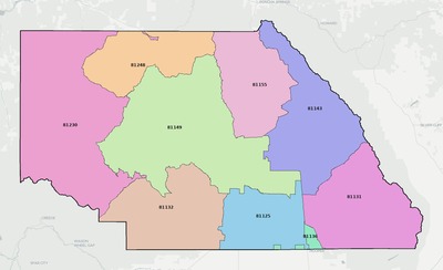 Saguache County CO ZIP code boundaries map