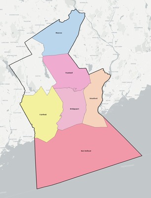 Greater Bridgeport County CT school district boundaries map