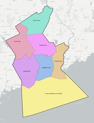 Greater Bridgeport County CT townships and subdivisions map