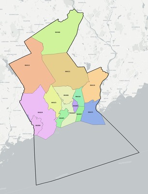 Greater Bridgeport County CT ZIP code boundaries map