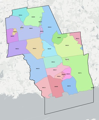 Lower Connecticut River Valley County CT ZIP code boundaries map