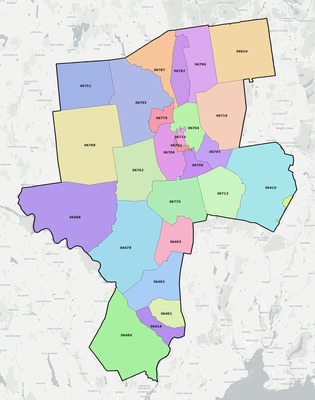 Naugatuck Valley County CT ZIP code boundaries map