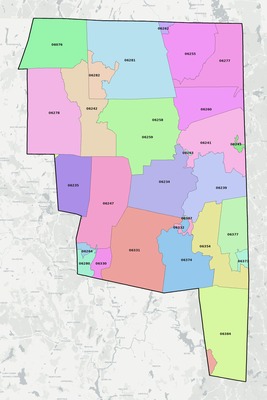 Northeastern Connecticut County CT ZIP code boundaries map