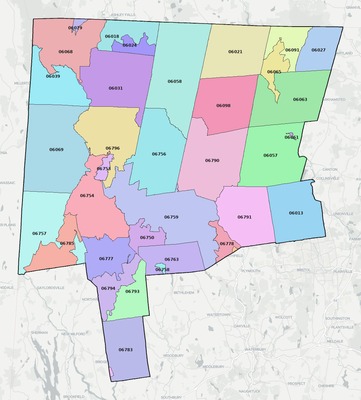 Northwest Hills County CT ZIP code map preview