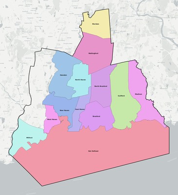 South Central Connecticut County CT school district boundaries map