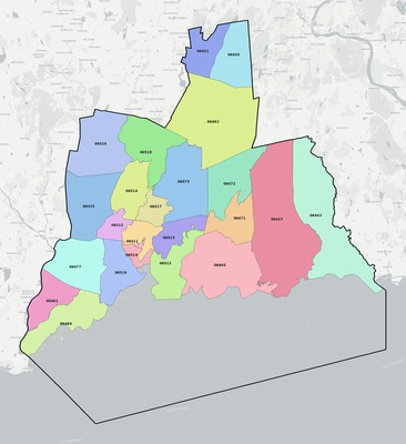 South Central Connecticut County CT ZIP code boundaries map