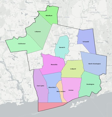 Southeastern Connecticut County CT school district boundaries map