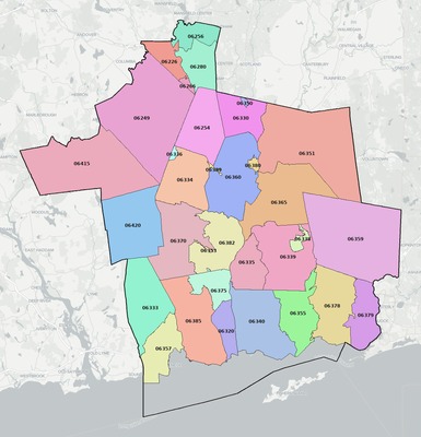 Southeastern Connecticut County CT ZIP code boundaries map
