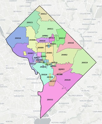 District of Columbia County DC ZIP code boundaries map