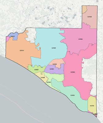Bay County FL ZIP code boundaries map
