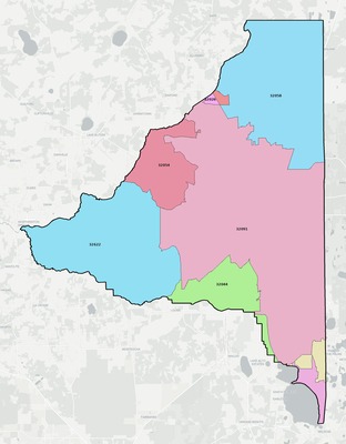Bradford County FL ZIP code boundaries map