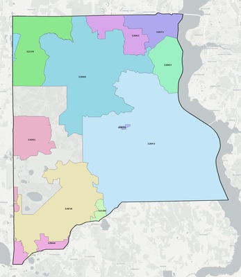 Clay County FL ZIP code boundaries map