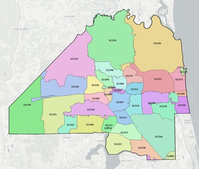 Duval County FL ZIP code boundaries map