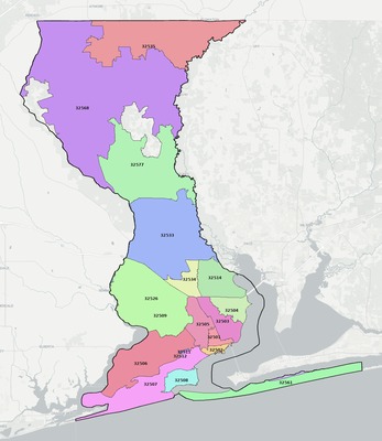 Escambia County FL ZIP code boundaries map