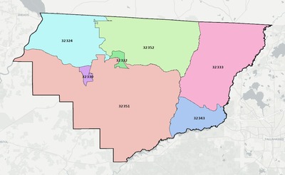Gadsden County FL ZIP code boundaries map