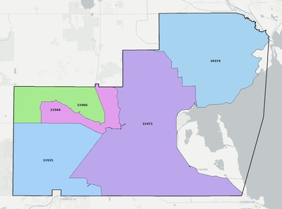 Glades County FL ZIP code boundaries map