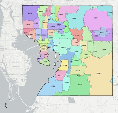 Hillsborough County FL ZIP code boundaries map