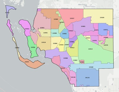 Lee County FL ZIP code boundaries map