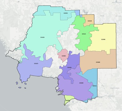 Levy County FL ZIP code boundaries map
