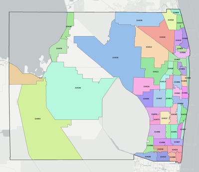 Palm Beach County FL ZIP code boundaries map