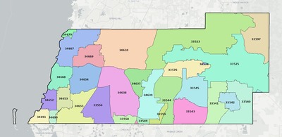 Pasco County FL ZIP code boundaries map