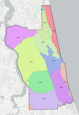 St. Johns County FL ZIP code boundaries map