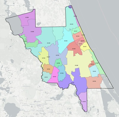 Volusia County FL ZIP code boundaries map