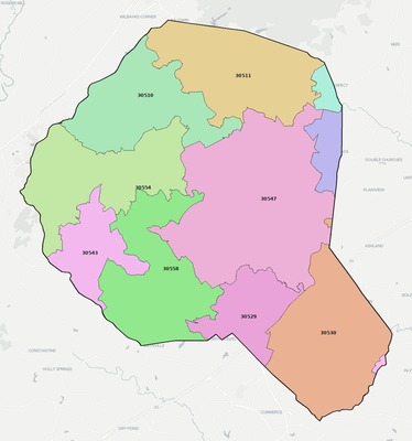Banks County GA ZIP code boundaries map