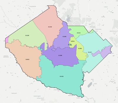 Bibb County GA ZIP code boundaries map